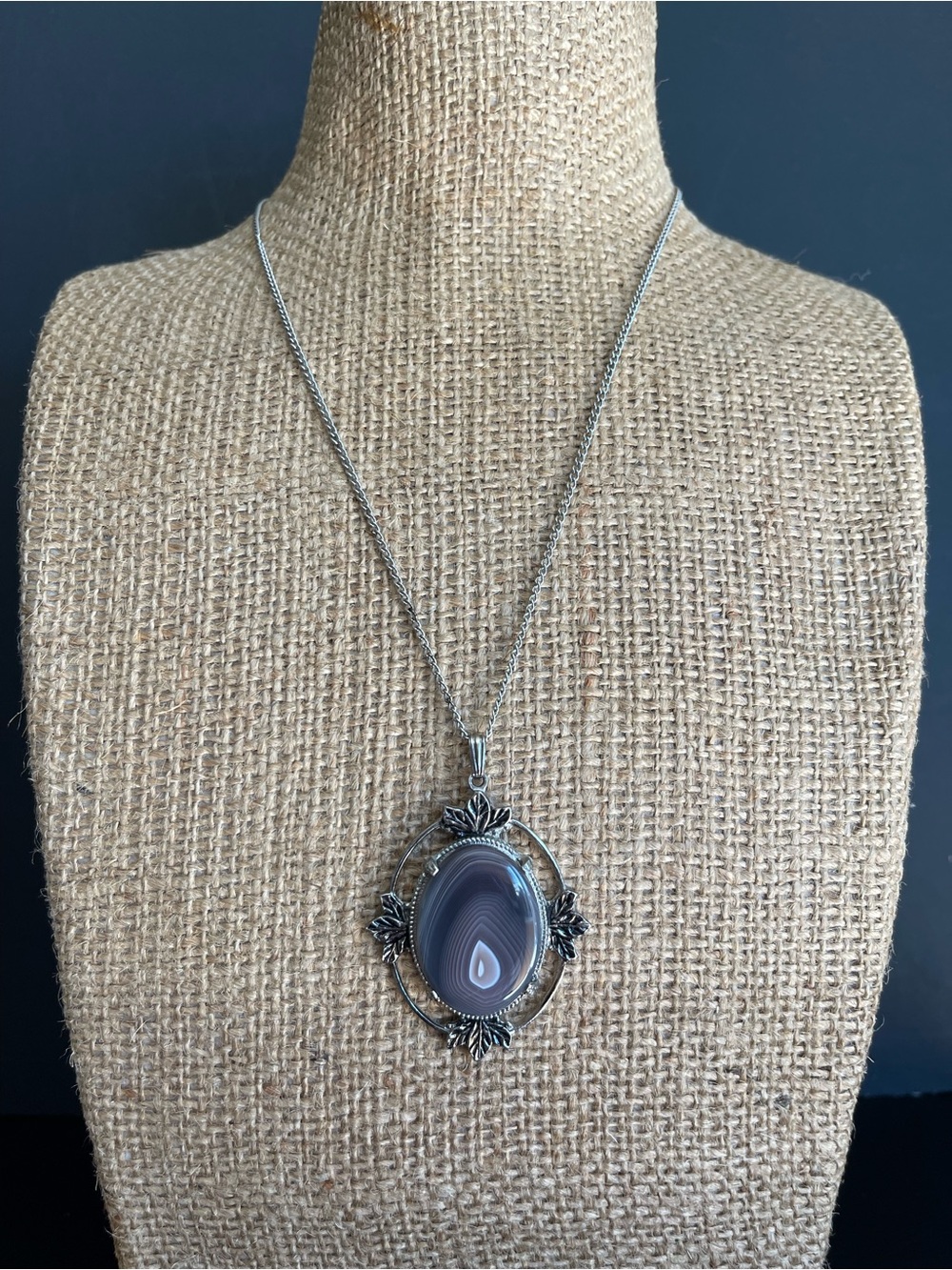 Silver-Tone Gray Agate Pendant Necklace.
